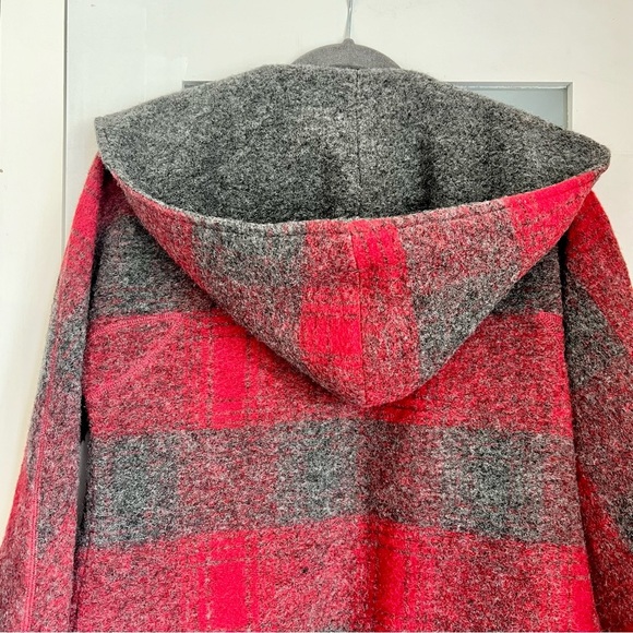 Max Studio Hooded Wool Blend Red and Grey Plaid Women Jacket Coat Size Small - Picture 11 of 11